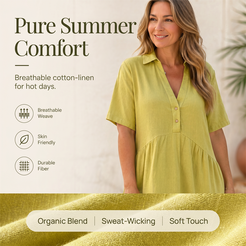 🌿Solid Color Cotton-linen Comfort Lapel Button Dress