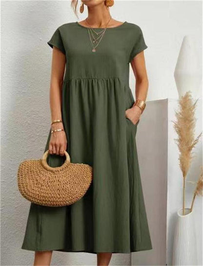 💝Solid Color Sleeveless Loose Cotton Pocket Dress