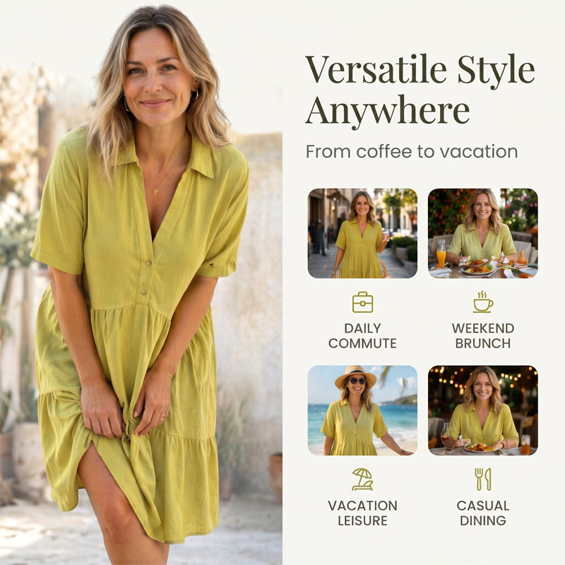 🌿Solid Color Cotton-linen Comfort Lapel Button Dress
