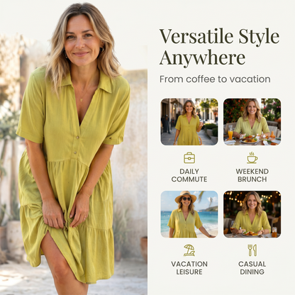 🌿Solid Color Cotton-linen Comfort Lapel Button Dress