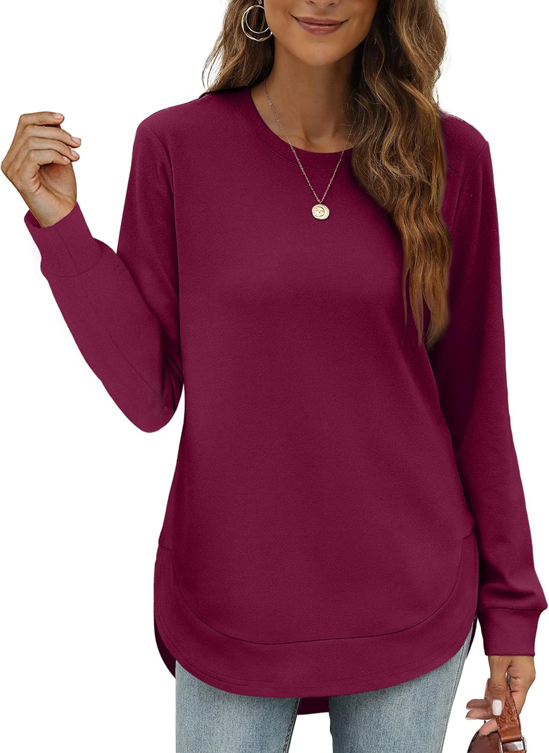 💖2026 Autumn’s Sale 70% OFF✨🍂Women's Sweatshirt Crewneck Long Sleeve Shirts High Low Tops Curved Hem