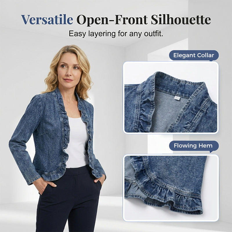 🥳2026 HOT SALE🥳💞50K+ SOLD!👵☀️ 50% OFF! Open-Front Denim Jacket – No buttons, easy on/off. Flattering ruffle trim, breathable fabric. Classic blue wash. A versatile wardrobe staple. 🌿✅