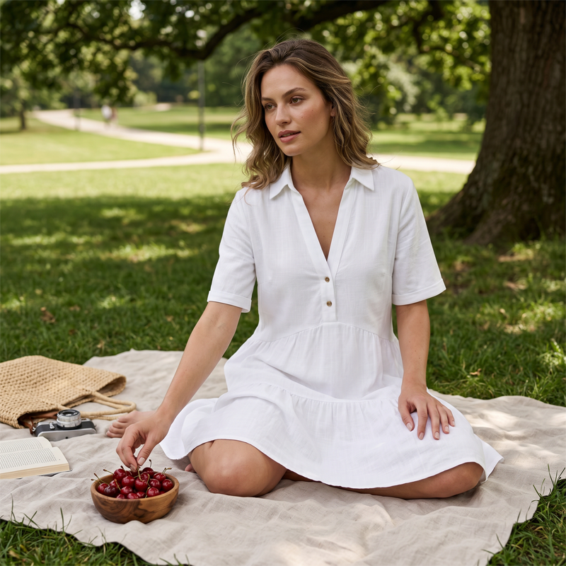 🌿Solid Color Cotton-linen Comfort Lapel Button Dress