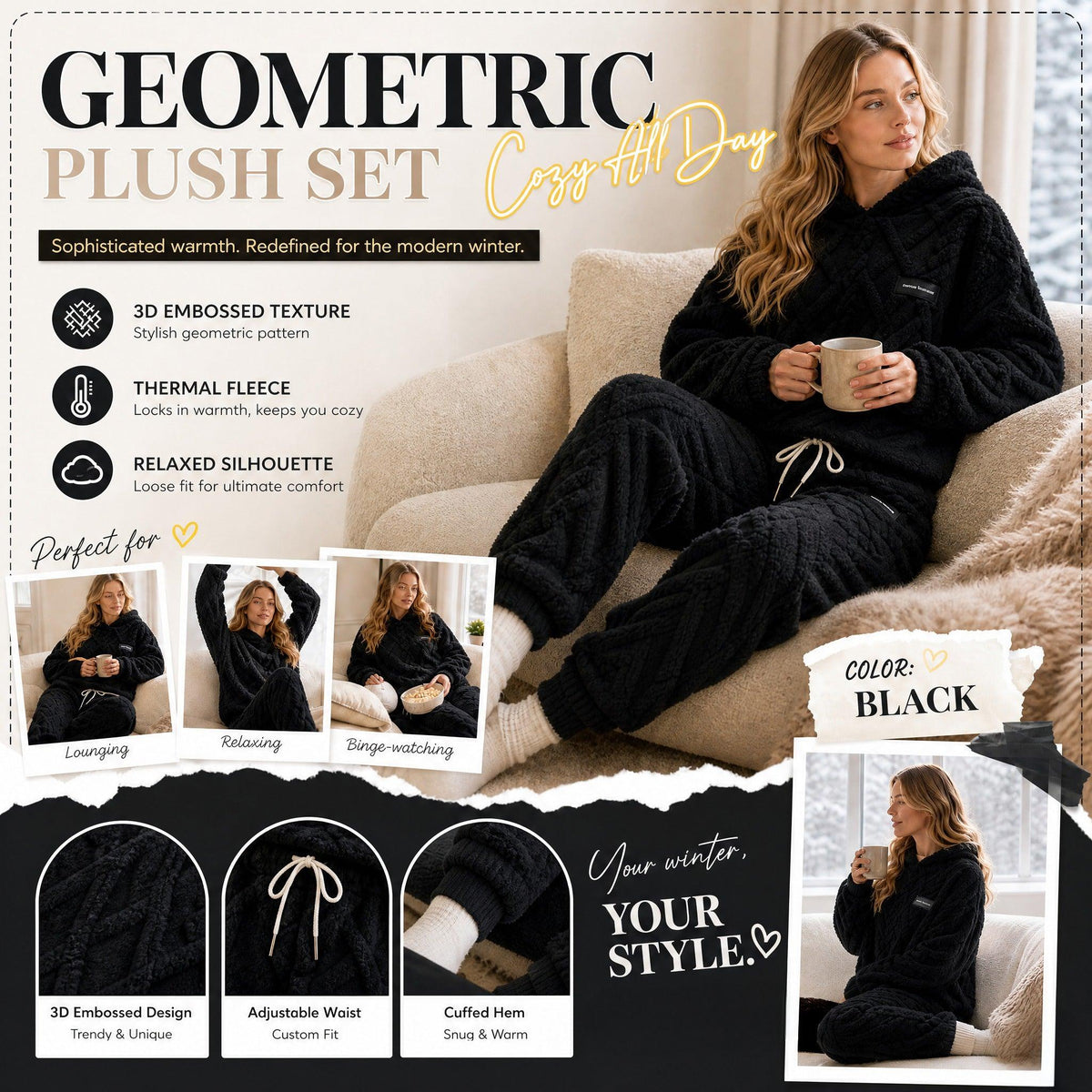 Embossed Geometric Plush Set – Warm embossed plush matching set, trendy & cozy for cold days🍂👚