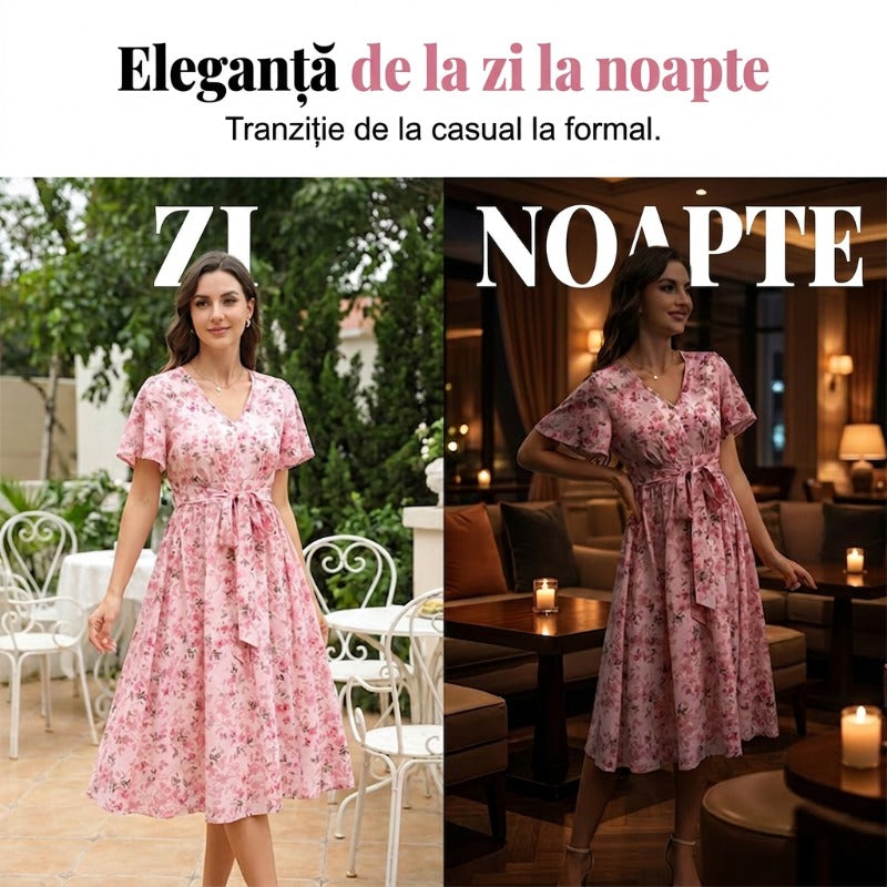 👗🌸 V-neck floral maxi dress with ruffle sleeves and belt