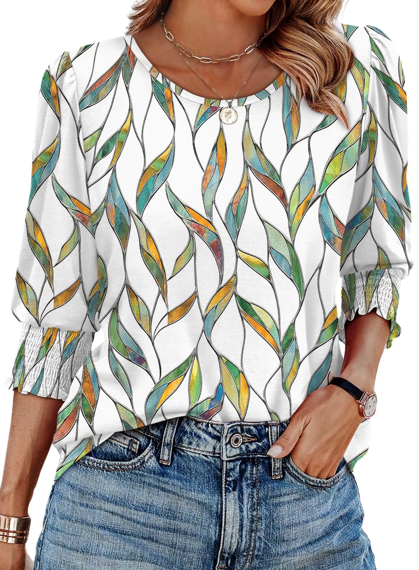 ⏰Limited Time Sale-50% OFF🏖️Womens 3/4 Sleeve T-Shirts Cute Crewneck Tees Blouses