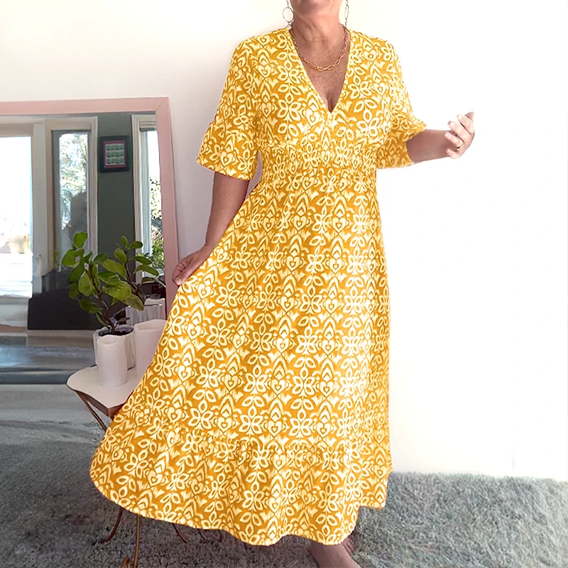 💥🔥Last Day Sale 49%🔥💐✨Bohemian casual print V-neck waist wrap long dress
