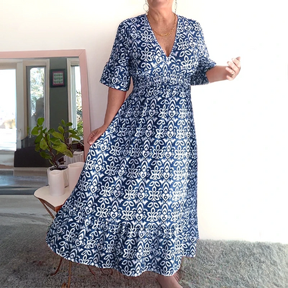 💥🔥Last Day Sale 49%🔥💐✨Bohemian casual print V-neck waist wrap long dress
