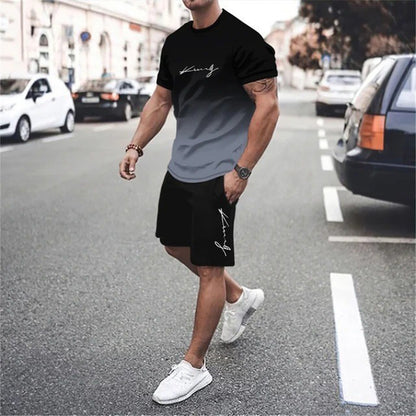 🌈 LIMITED-TIME 50% OFF! 👕 Men's Gradient Color 2-Piece Set – T-Shirt & Shorts, Breathable, Relaxed Fit 🩳