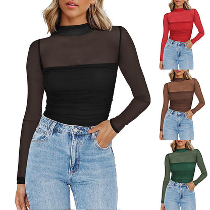 🎉Women's Sparkle Mesh Sheer Long Sleeve Ruched Top🌸