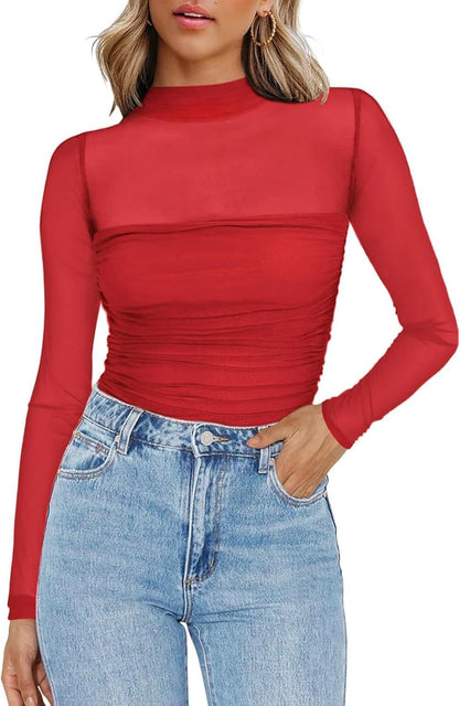 🎉Women's Sparkle Mesh Sheer Long Sleeve Ruched Top🌸