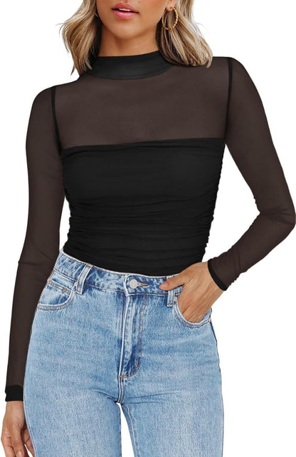 🎉Women's Sparkle Mesh Sheer Long Sleeve Ruched Top🌸