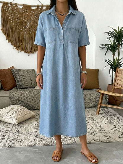 👗 50% OFF NOW! 👖 Casual Pocket Denim Midi Shirt Dress – Soft denim & relaxed fit – Functional pockets, perfect for everyday casual – comfortable and versatile ✨🌸
