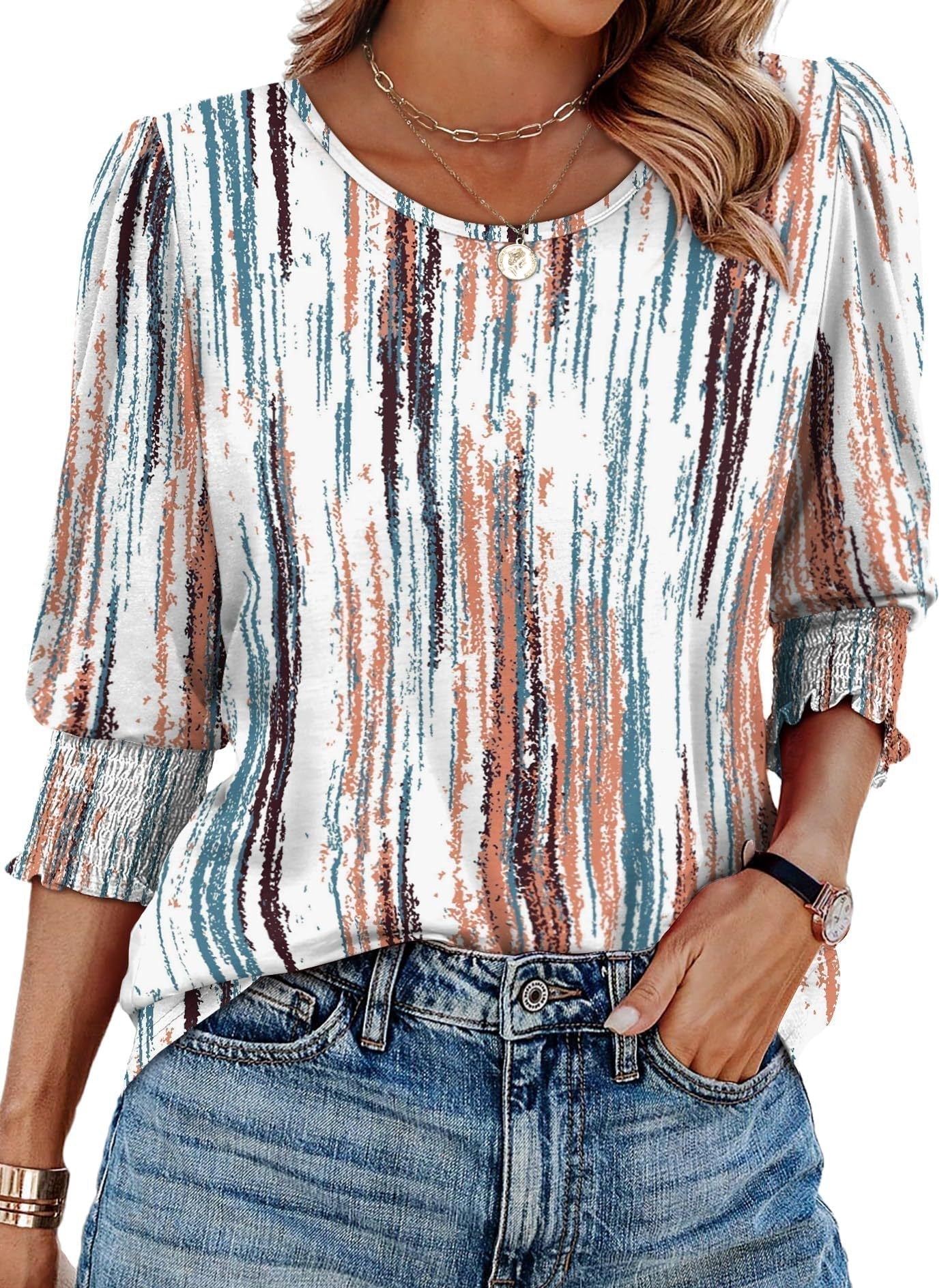 ⏰Limited Time Sale-50% OFF🏖️Womens 3/4 Sleeve T-Shirts Cute Crewneck Tees Blouses
