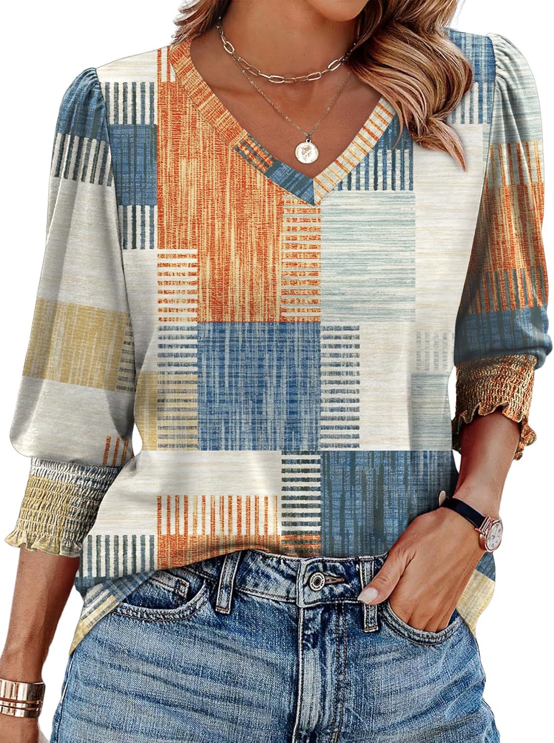 ⏰Limited Time Sale-50% OFF🏖️Womens 3/4 Sleeve T-Shirts Cute Crewneck Tees Blouses