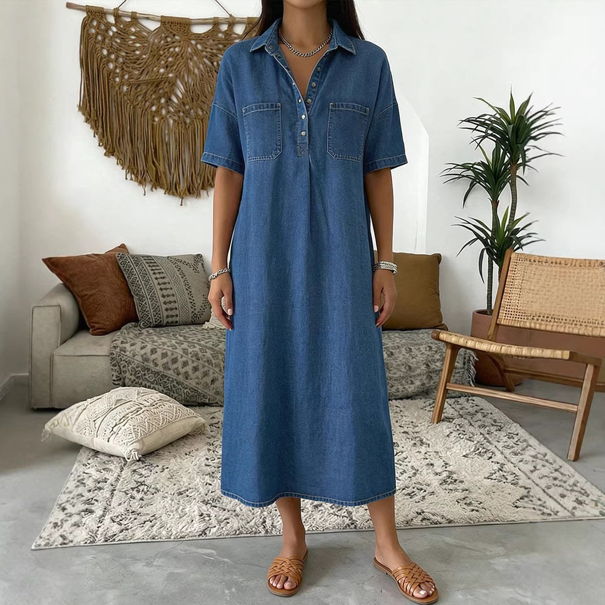 👗 50% OFF NOW! 👖 Casual Pocket Denim Midi Shirt Dress – Soft denim & relaxed fit – Functional pockets, perfect for everyday casual – comfortable and versatile ✨🌸