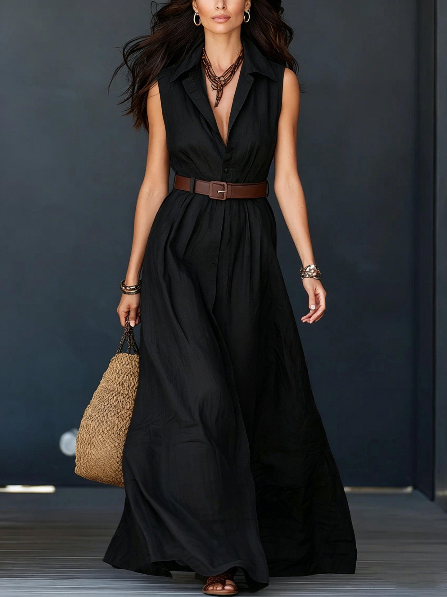 Trending Now⭐💃 Flowy A-Line Maxi Dress with Lapel Collar & Matching Belt