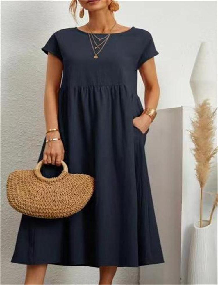 💝Solid Color Sleeveless Loose Cotton Pocket Dress