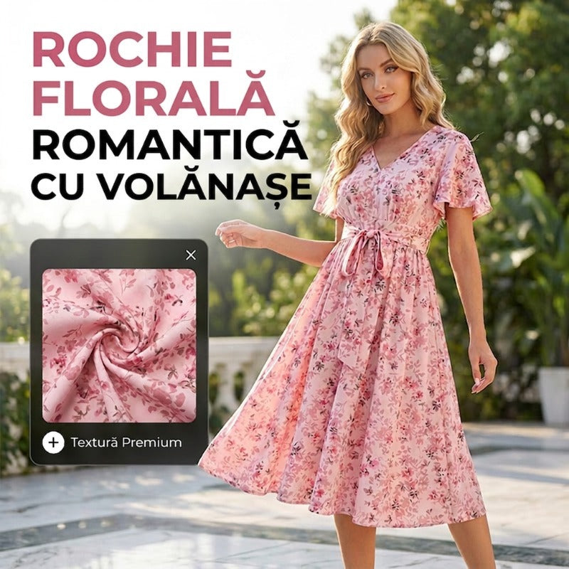 👗🌸 V-neck floral maxi dress with ruffle sleeves and belt