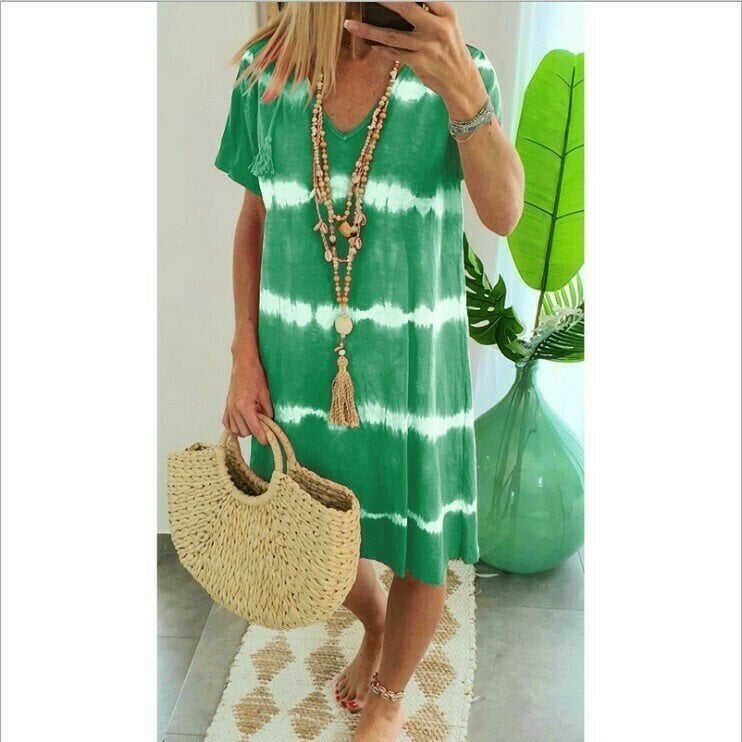 👗 50% OFF NOW! 🌈 Tie-Dye Striped Short Sleeve T-Shirt Dress – Soft & flowy – Perfect for summer, beach or casual days – comfortable and stylish 🌊✨