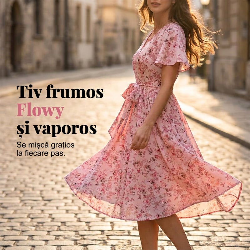 👗🌸 V-neck floral maxi dress with ruffle sleeves and belt