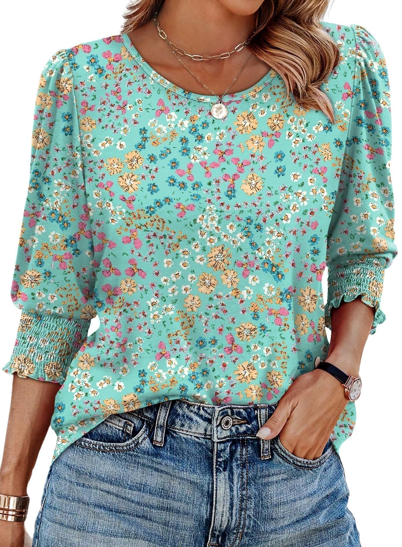 ⏰Limited Time Sale-50% OFF🏖️Womens 3/4 Sleeve T-Shirts Cute Crewneck Tees Blouses