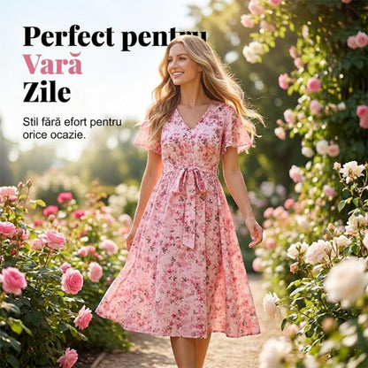 👗🌸 V-neck floral maxi dress with ruffle sleeves and belt