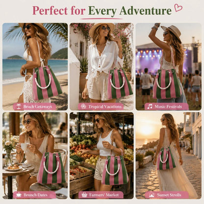 🏆👜 Limited-Time Sale: 50% OFF 🌴 Boho Striped Knit Bucket Handbag for Women – Handmade Summer Beach Shoulder Bag