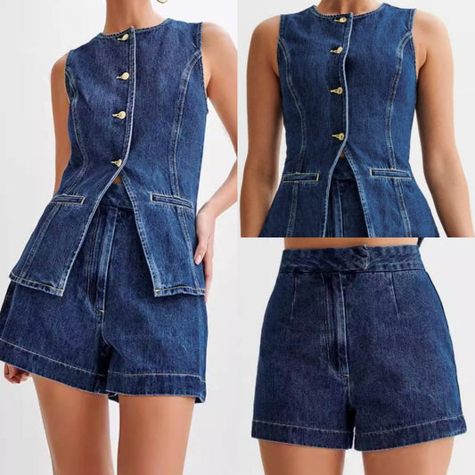 💕HOT SALE – Sold individually💕 Casual two-piece denim set for women: Sleeveless top & shorts