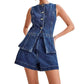 💕HOT SALE – Sold individually💕 Casual two-piece denim set for women: Sleeveless top & shorts
