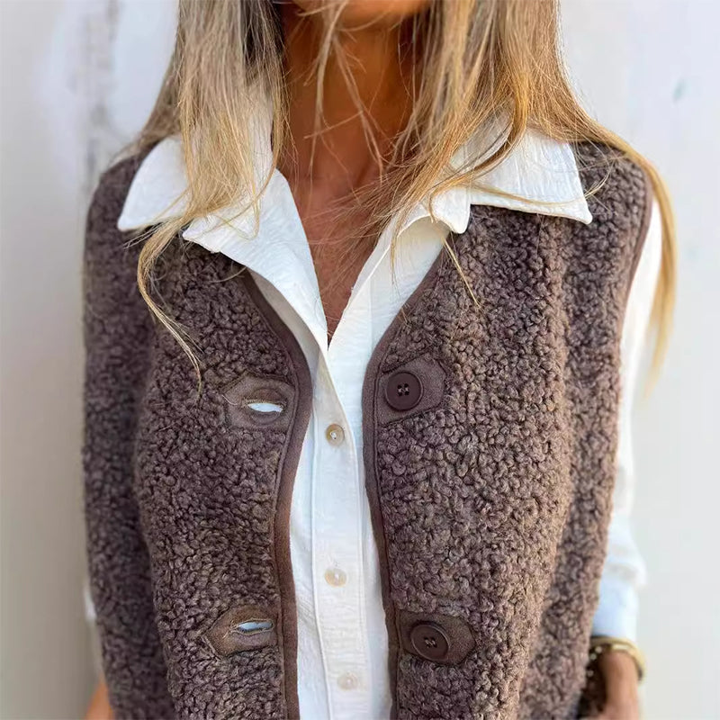 🍂 Plush Teddy Sherpa Button-Down Cropped Vest – Cozy Autumn Layering