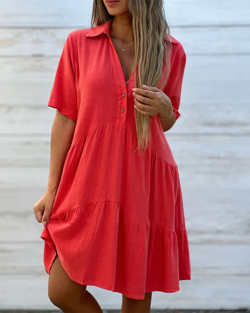 🌿Solid Color Cotton-linen Comfort Lapel Button Dress