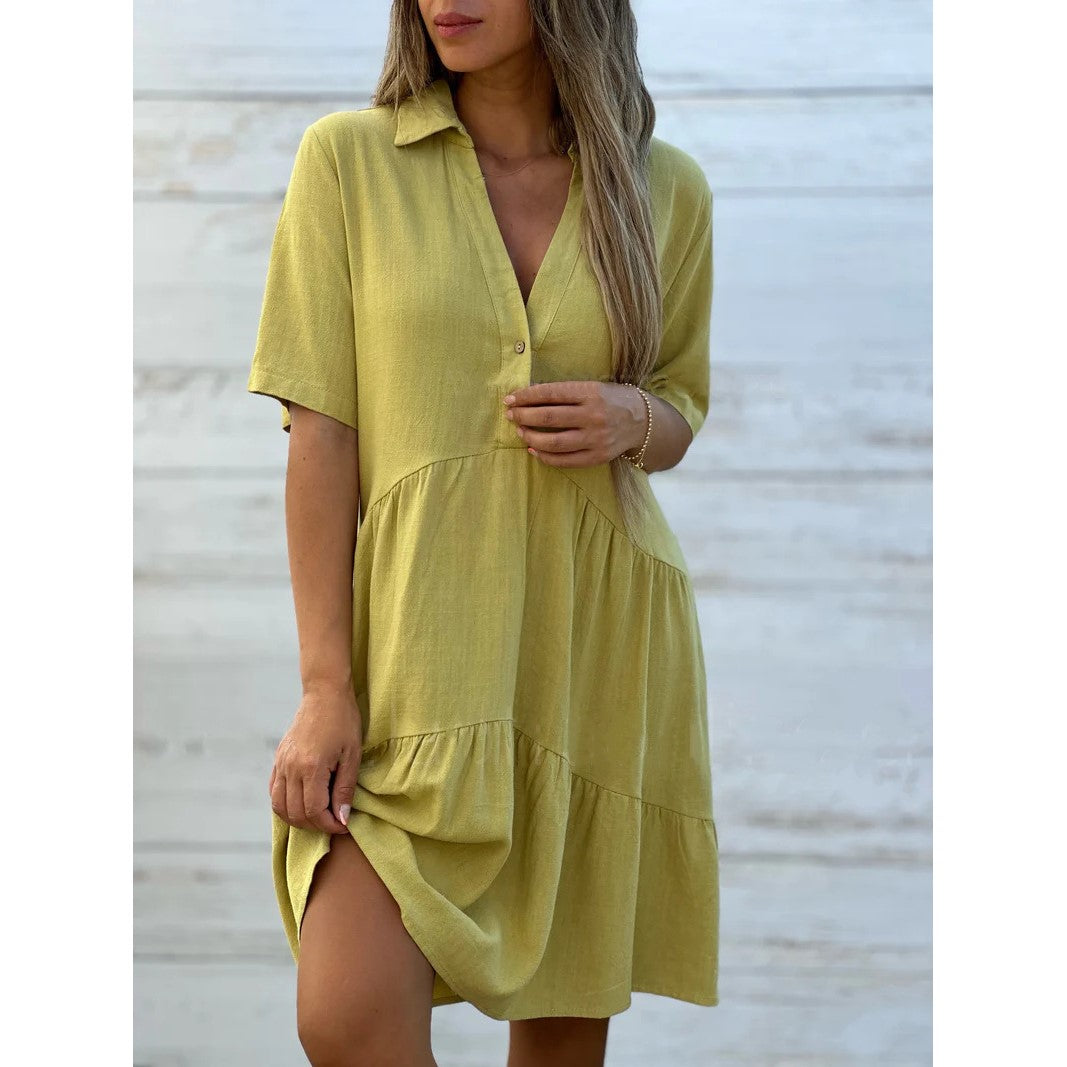 🌿Solid Color Cotton-linen Comfort Lapel Button Dress