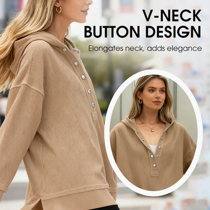 🎉 LIMITED TIME 50% OFF! 🧥 Women's Fashion Long Sleeve Hoodie – V-Neck Button Design & Relaxed Fit with Side Slits 🌸