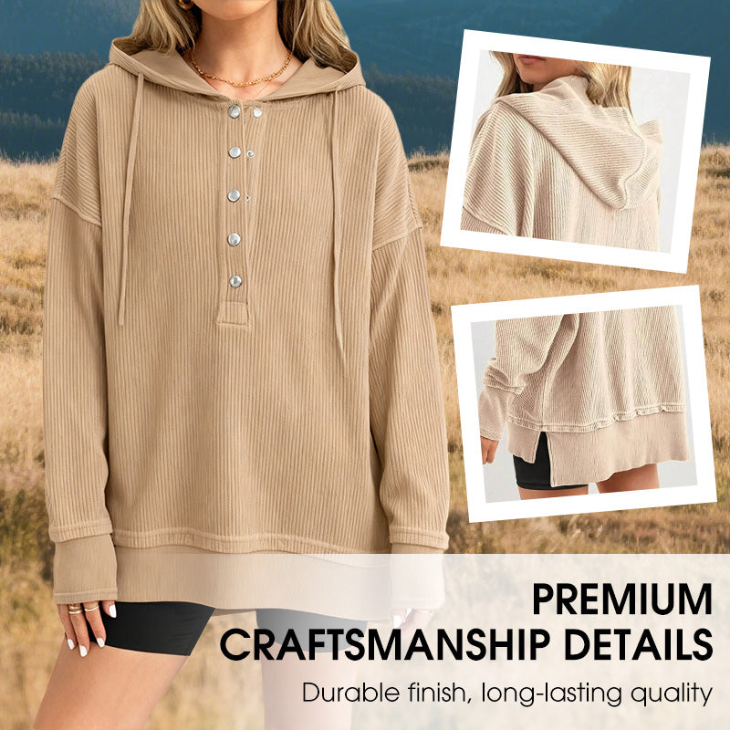 🎉 LIMITED TIME 50% OFF! 🧥 Women's Fashion Long Sleeve Hoodie – V-Neck Button Design & Relaxed Fit with Side Slits 🌸