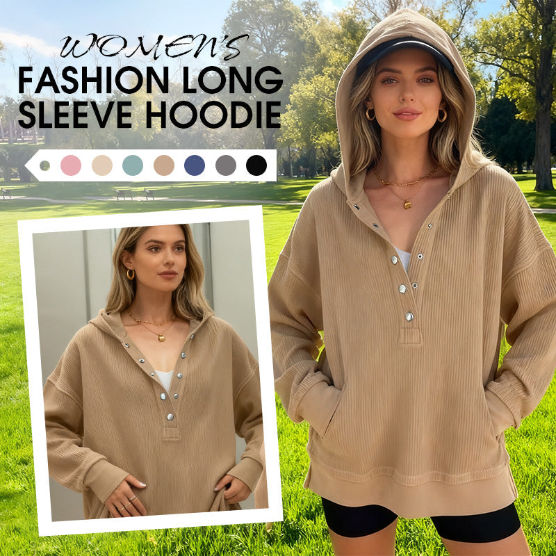 🎉 LIMITED TIME 50% OFF! 🧥 Women's Fashion Long Sleeve Hoodie – V-Neck Button Design & Relaxed Fit with Side Slits 🌸