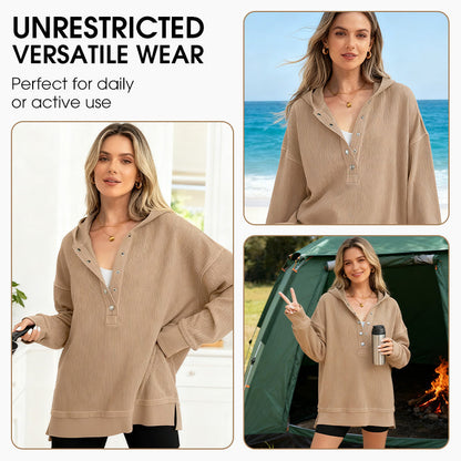 🎉 LIMITED TIME 50% OFF! 🧥 Women's Fashion Long Sleeve Hoodie – V-Neck Button Design & Relaxed Fit with Side Slits 🌸