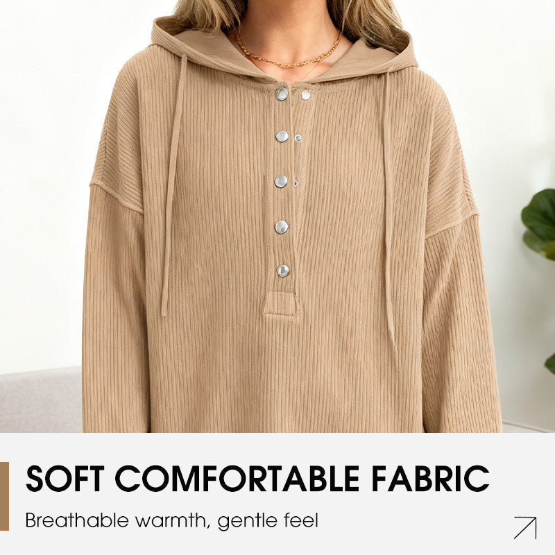 🎉 LIMITED TIME 50% OFF! 🧥 Women's Fashion Long Sleeve Hoodie – V-Neck Button Design & Relaxed Fit with Side Slits 🌸