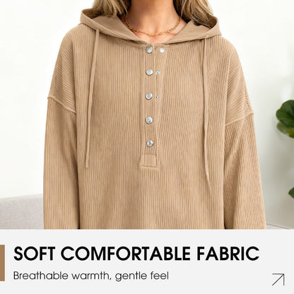 🎉 LIMITED TIME 50% OFF! 🧥 Women's Fashion Long Sleeve Hoodie – V-Neck Button Design & Relaxed Fit with Side Slits 🌸
