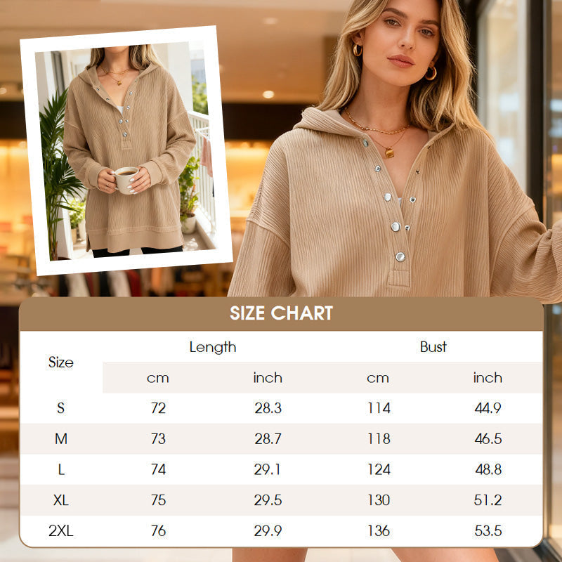 🎉 LIMITED TIME 50% OFF! 🧥 Women's Fashion Long Sleeve Hoodie – V-Neck Button Design & Relaxed Fit with Side Slits 🌸