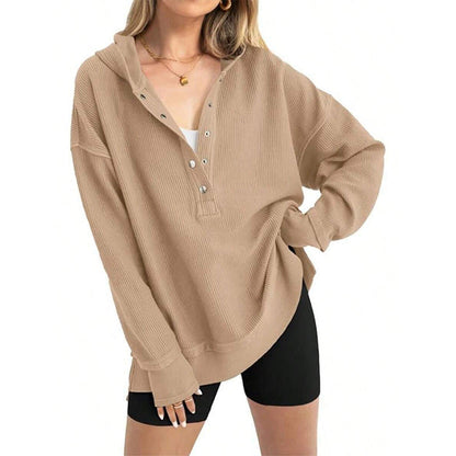🎉 LIMITED TIME 50% OFF! 🧥 Women's Fashion Long Sleeve Hoodie – V-Neck Button Design & Relaxed Fit with Side Slits 🌸