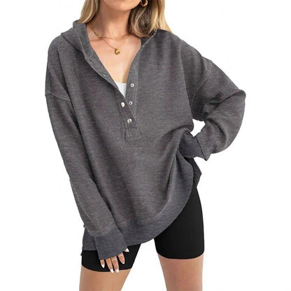 🎉 LIMITED TIME 50% OFF! 🧥 Women's Fashion Long Sleeve Hoodie – V-Neck Button Design & Relaxed Fit with Side Slits 🌸