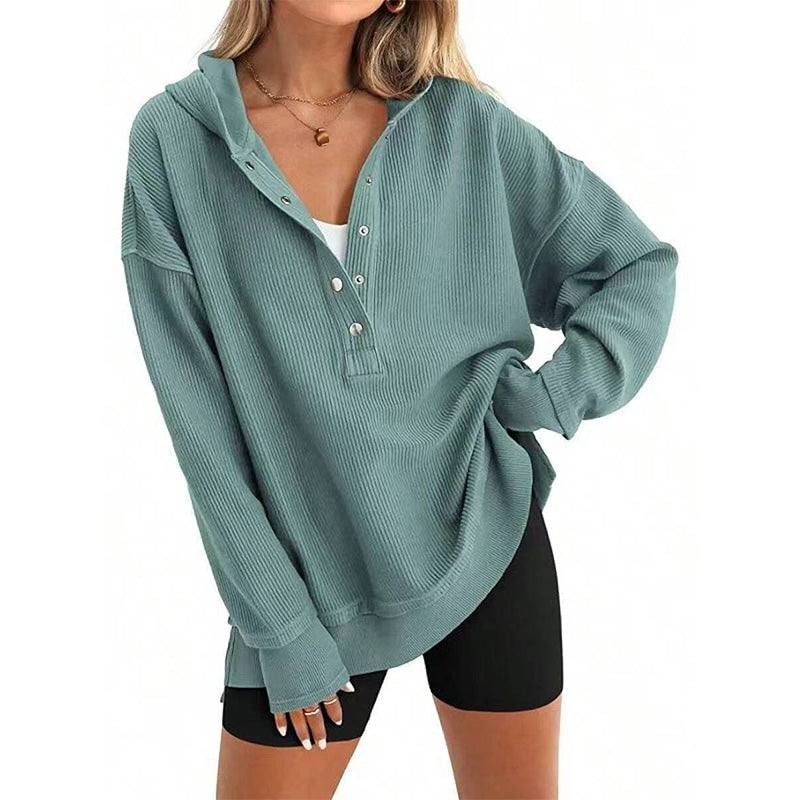 🎉 LIMITED TIME 50% OFF! 🧥 Women's Fashion Long Sleeve Hoodie – V-Neck Button Design & Relaxed Fit with Side Slits 🌸