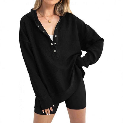🎉 LIMITED TIME 50% OFF! 🧥 Women's Fashion Long Sleeve Hoodie – V-Neck Button Design & Relaxed Fit with Side Slits 🌸
