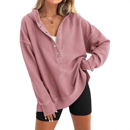 🎉 LIMITED TIME 50% OFF! 🧥 Women's Fashion Long Sleeve Hoodie – V-Neck Button Design & Relaxed Fit with Side Slits 🌸