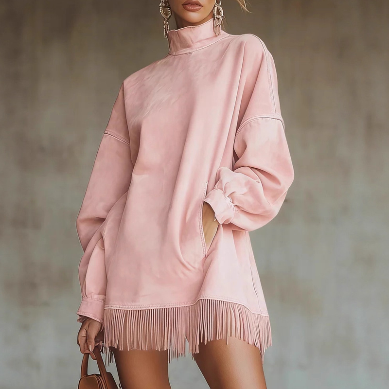 👗✨Casual Turtleneck Pocket Dress with Tassel Hem