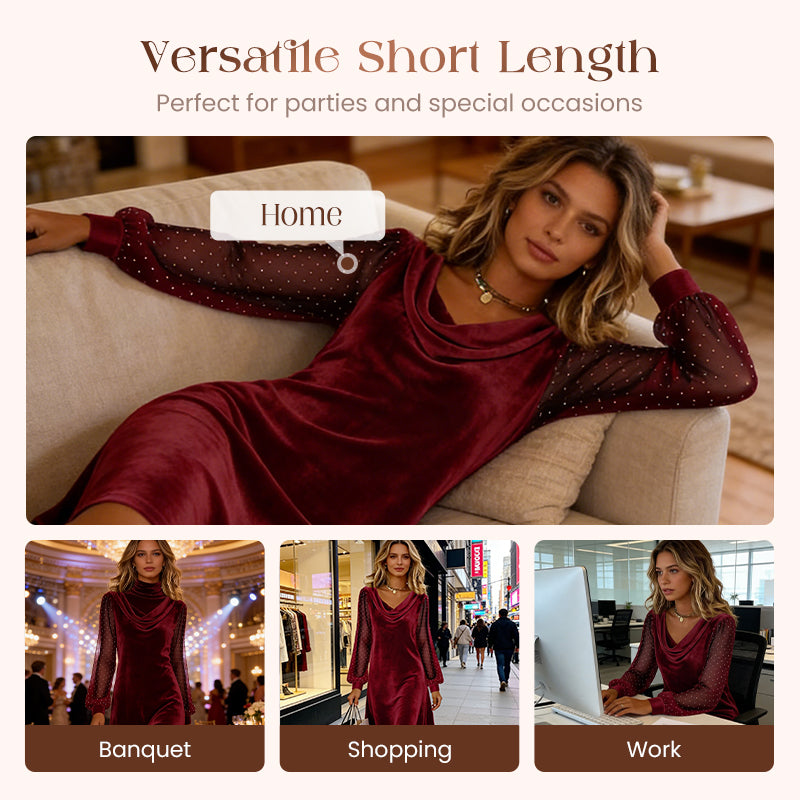 Trending Now👗✨ Cowl Neck Dress with Sparkly Mesh Sleeves – Relaxed Shift Silhouette & Glamorous Detail for Evening Events