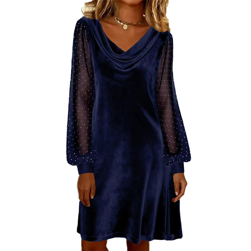 Trending Now👗✨ Cowl Neck Dress with Sparkly Mesh Sleeves – Relaxed Shift Silhouette & Glamorous Detail for Evening Events
