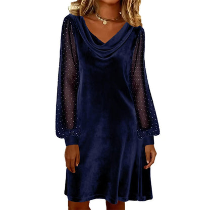 Trending Now👗✨ Cowl Neck Dress with Sparkly Mesh Sleeves – Relaxed Shift Silhouette & Glamorous Detail for Evening Events