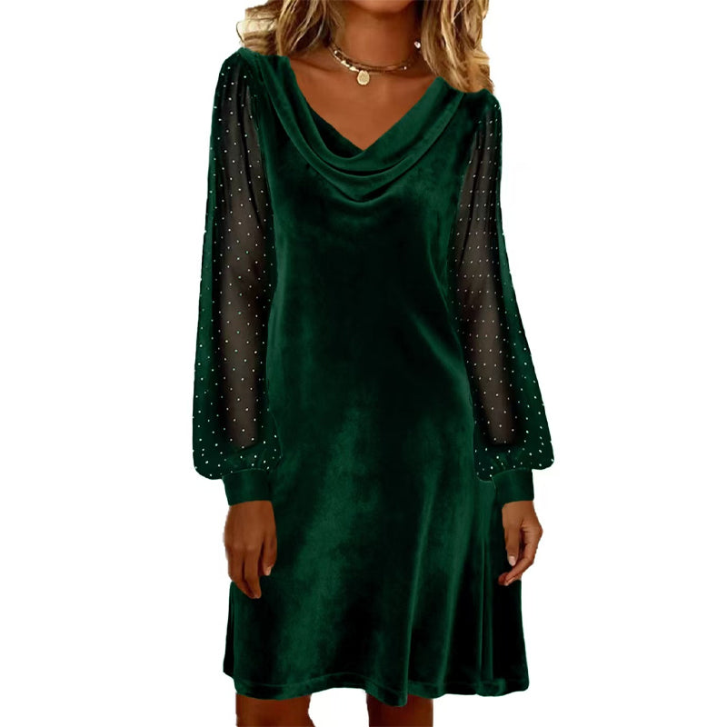 Trending Now👗✨ Cowl Neck Dress with Sparkly Mesh Sleeves – Relaxed Shift Silhouette & Glamorous Detail for Evening Events
